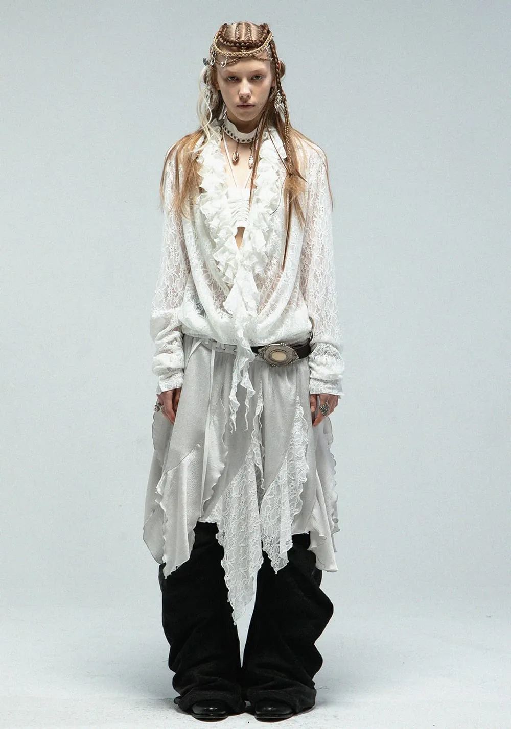 DOUBLEPUNCH丨Romantic Ruffle Lace Top with Draped V-Neck