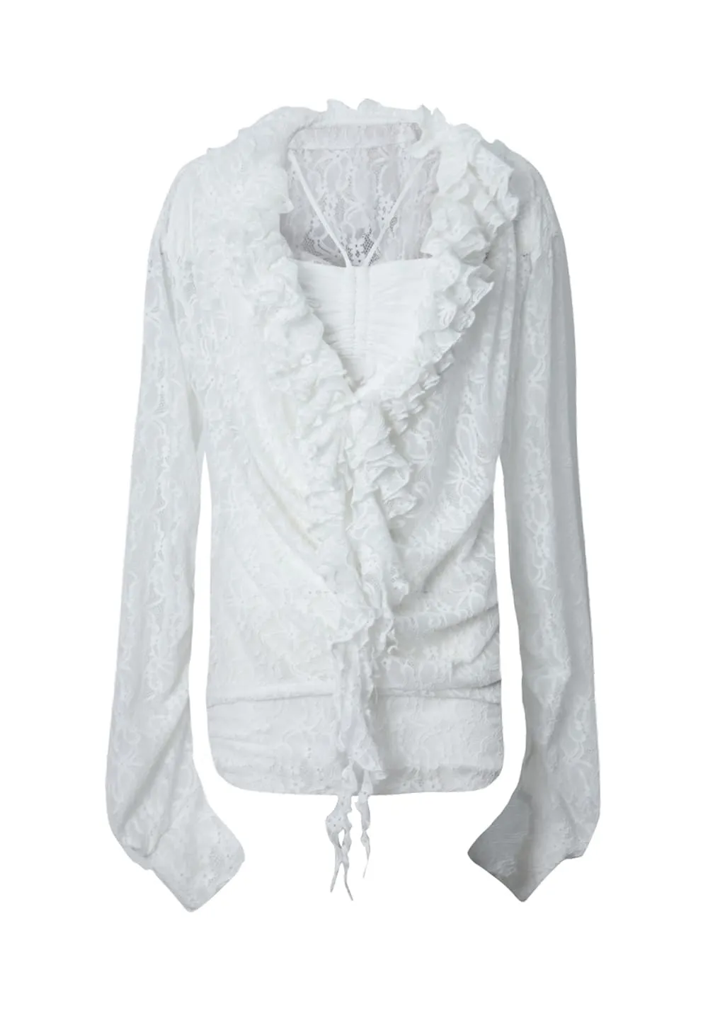 DOUBLEPUNCH丨Romantic Ruffle Lace Top with Draped V-Neck