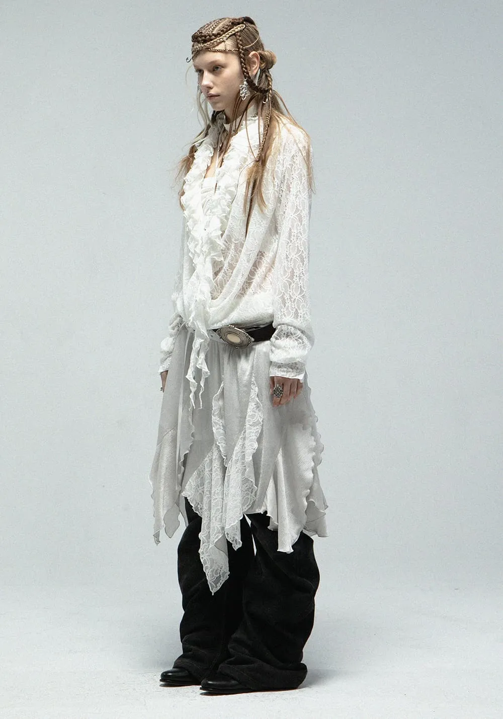 DOUBLEPUNCH丨Romantic Ruffle Lace Top with Draped V-Neck