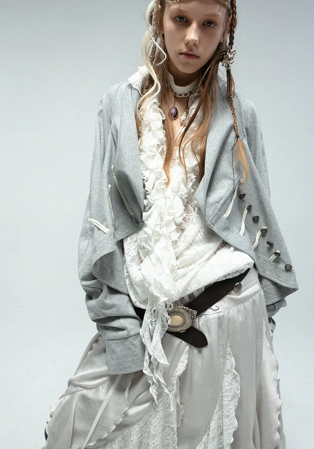 DOUBLEPUNCH丨Romantic Ruffle Lace Top with Draped V-Neck
