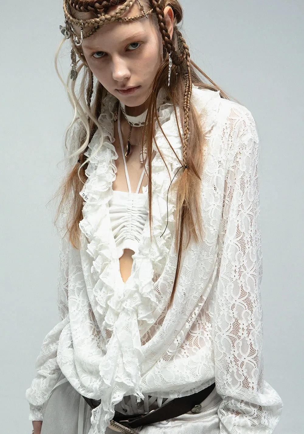 DOUBLEPUNCH丨Romantic Ruffle Lace Top with Draped V-Neck