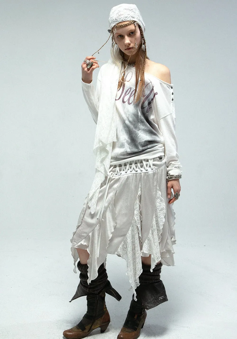 DOUBLEPUNCH丨Metallic Ruffle Lace Irregular Skirt