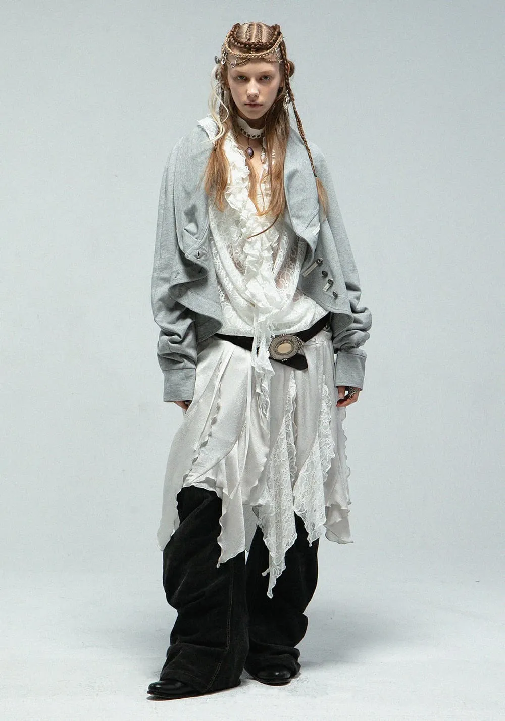 DOUBLEPUNCH丨Metallic Ruffle Lace Irregular Skirt