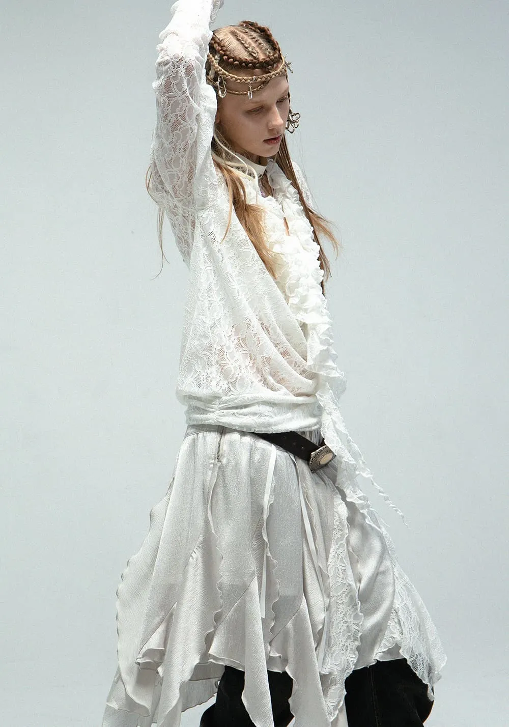 DOUBLEPUNCH丨Metallic Ruffle Lace Irregular Skirt