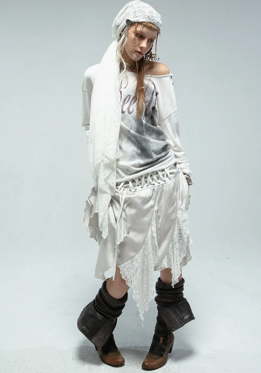 DOUBLEPUNCH丨Metallic Ruffle Lace Irregular Skirt