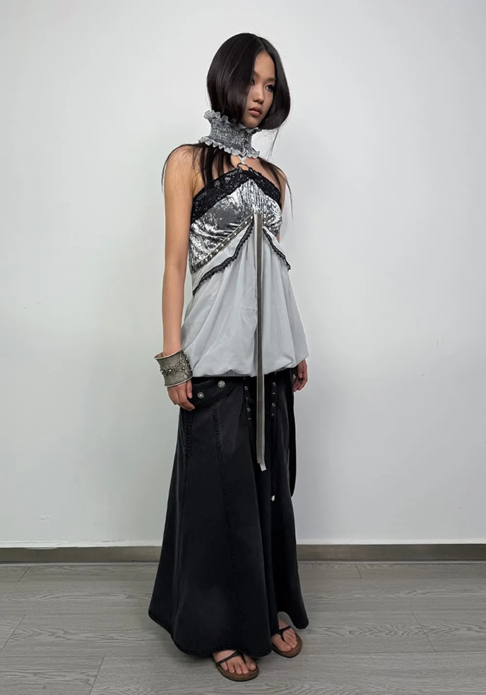 DOUBLEPUNCH丨Velvet Chiffon Halter Corset Top