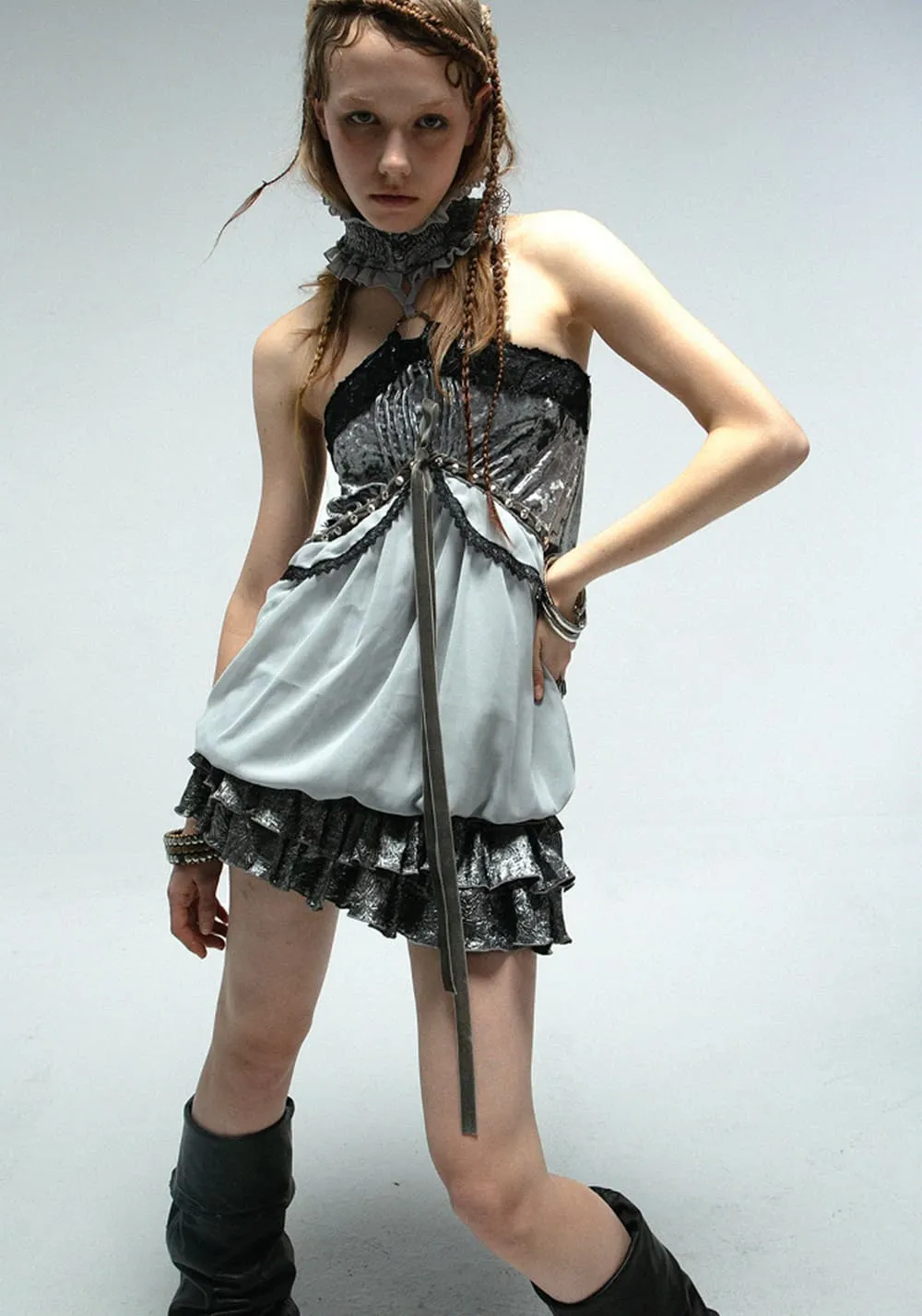 DOUBLEPUNCH丨Velvet Chiffon Halter Corset Top