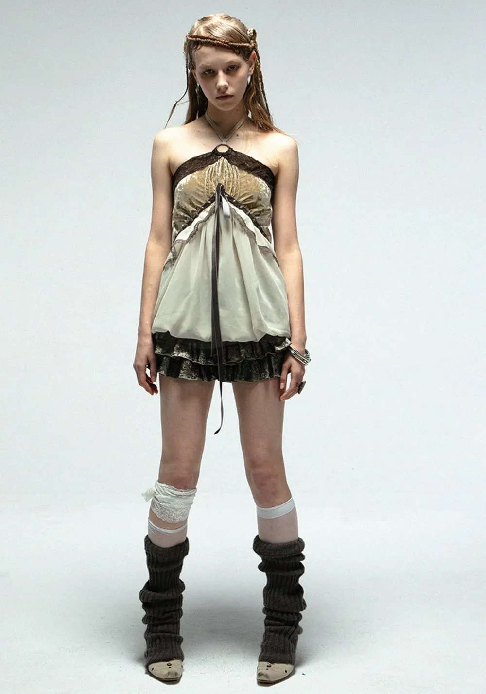 DOUBLEPUNCH丨Velvet Chiffon Halter Corset Top