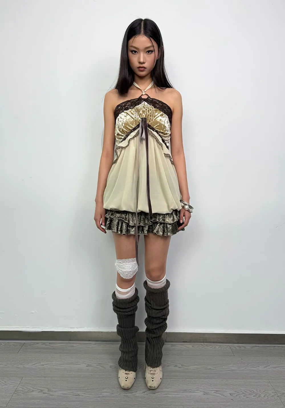 DOUBLEPUNCH丨Velvet Chiffon Halter Corset Top