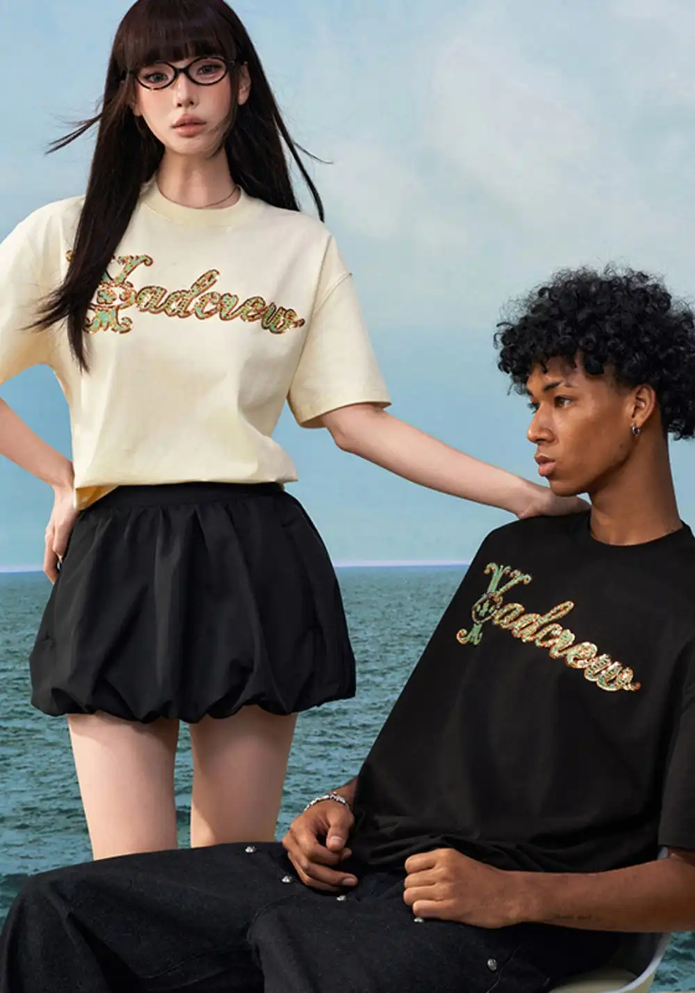 YADcrew丨YADcrew Beaded Pipe Embroidery Tee-Beige