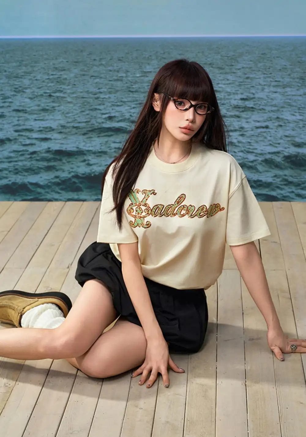 YADcrew丨YADcrew Beaded Pipe Embroidery Tee-Beige