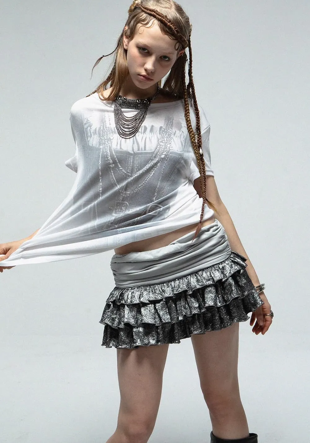 DOUBLEPUNCH丨Vintage Satin Layered Pleated Mini Skirt