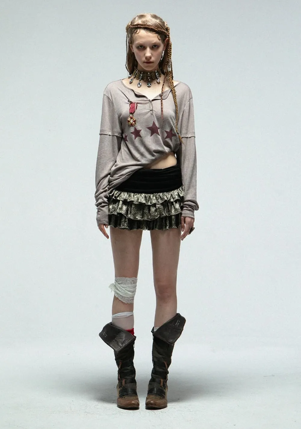 DOUBLEPUNCH丨Vintage Satin Layered Pleated Mini Skirt
