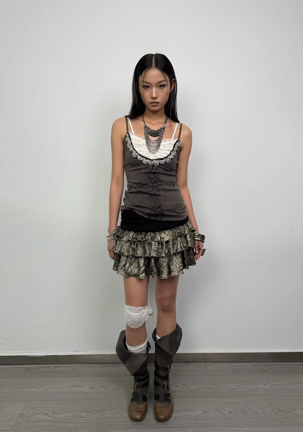 DOUBLEPUNCH丨Vintage Satin Layered Pleated Mini Skirt