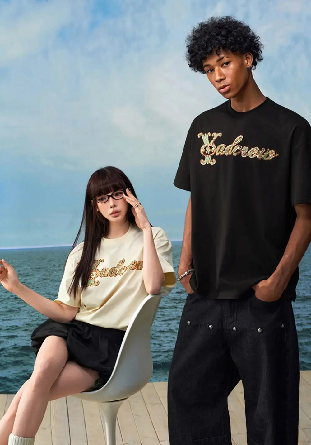 YADcrew丨YADcrew Beaded Pipe Embroidery Tee-Black