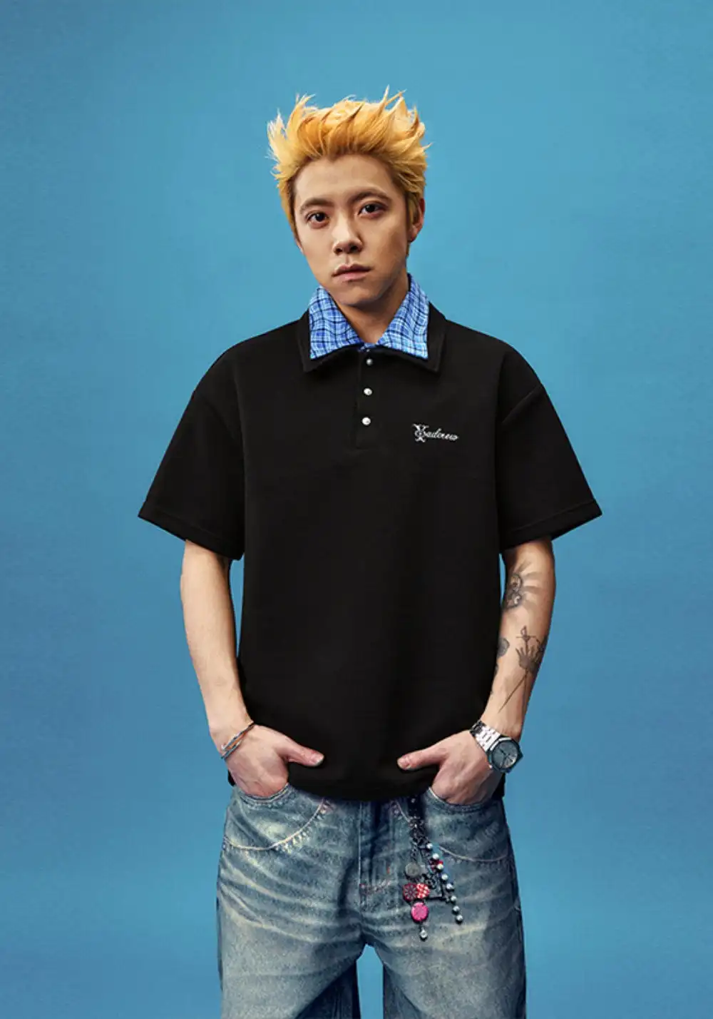 YADcrew丨YADcrew Double-Collar Distorted Polo-Black