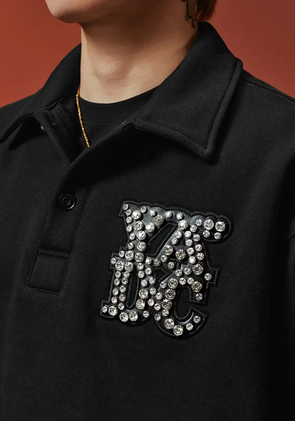 YADcrew丨Crystal-Embellished Unisex Polo Sweatshirt-Black