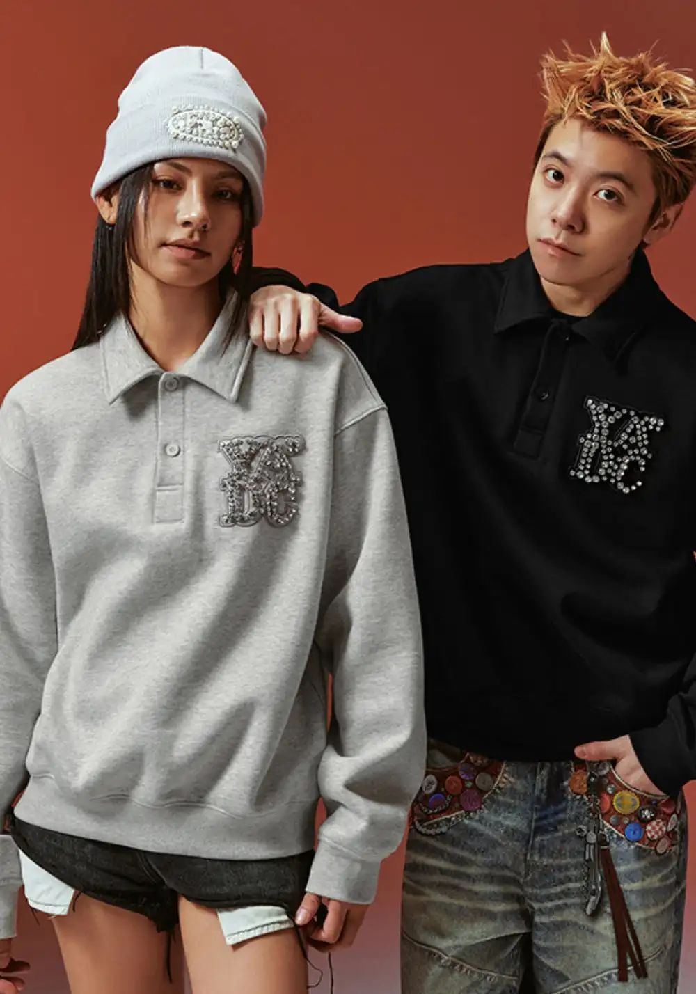YADcrew丨Crystal-Embellished Unisex Polo Sweatshirt-Black