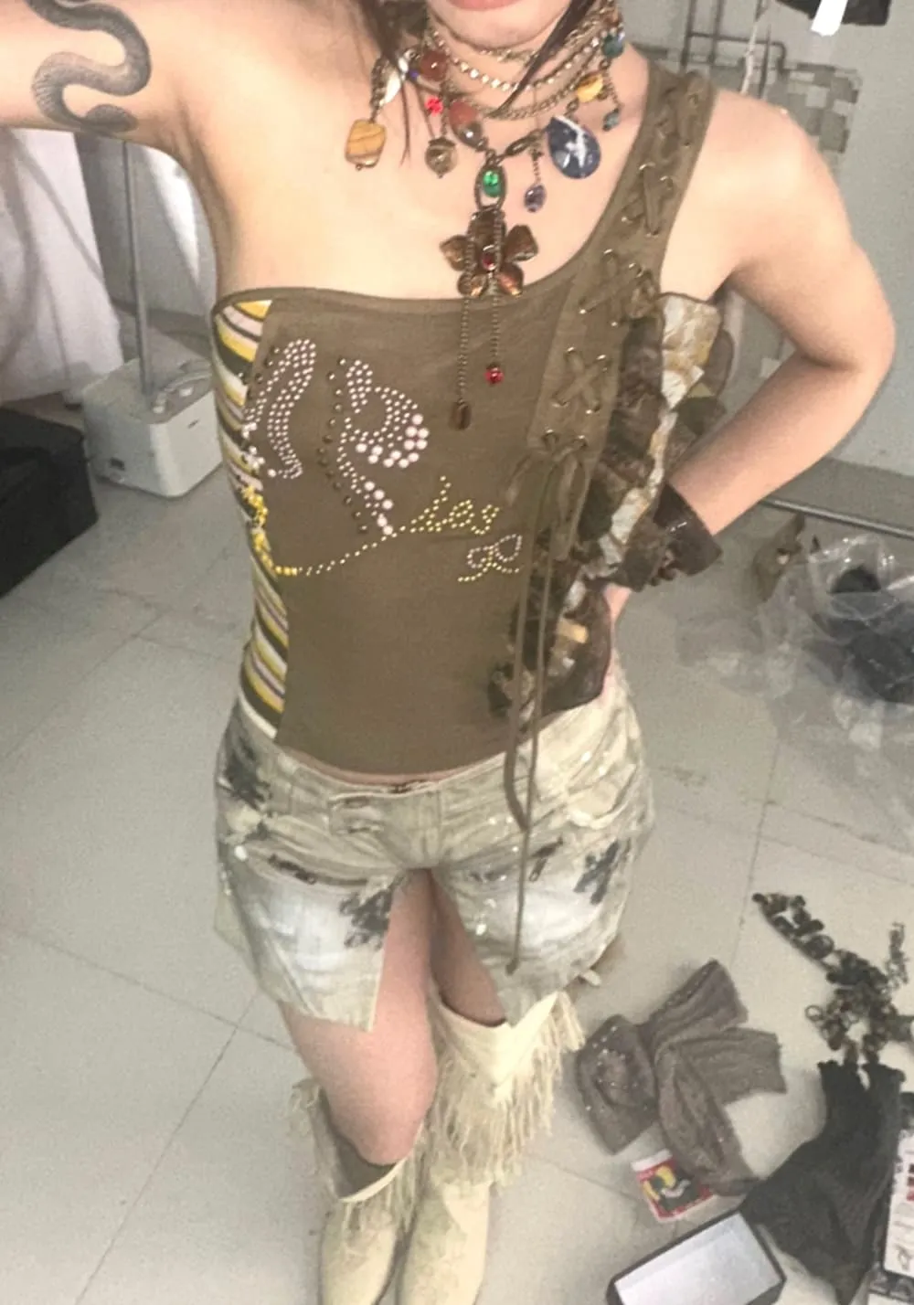 OPEN AESTHETIC丨Mesh Rhinestone Strap Top