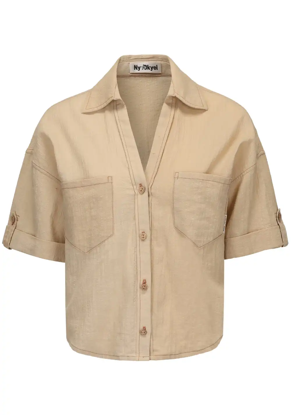 NyDkyel丨Tencel Linen Blend Wooden Button Short Crop Shirt