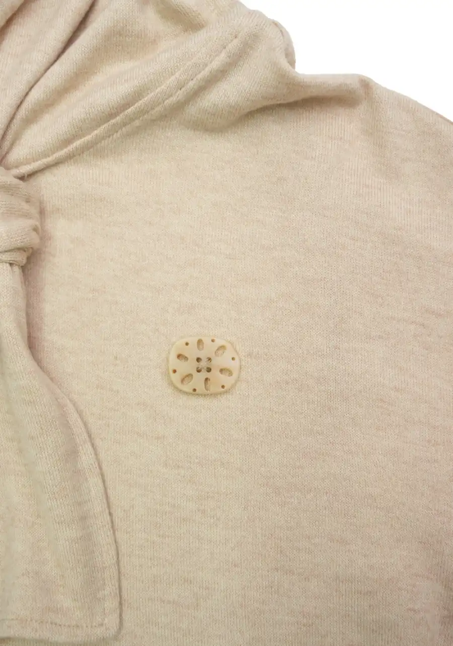 NyDkyel丨Tie-Neck Hooded Knit Top-Beige - 2