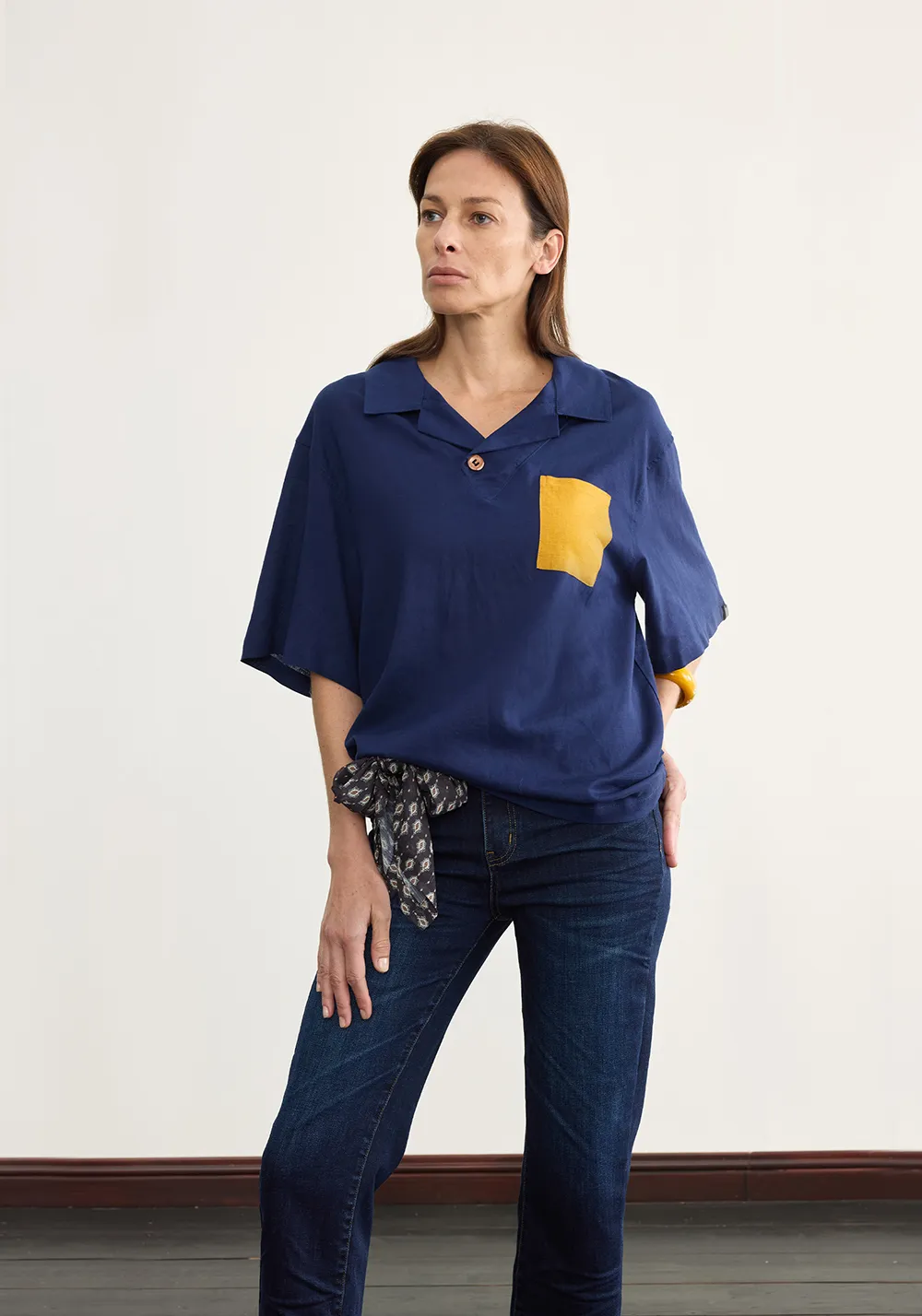 NyDkyel丨Cuban Collar Linen Tee - Contrast Pocket-Blue