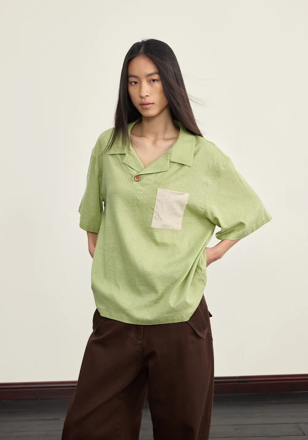 NyDkyel丨Cuban Collar Linen Tee - Contrast Pocket-Green