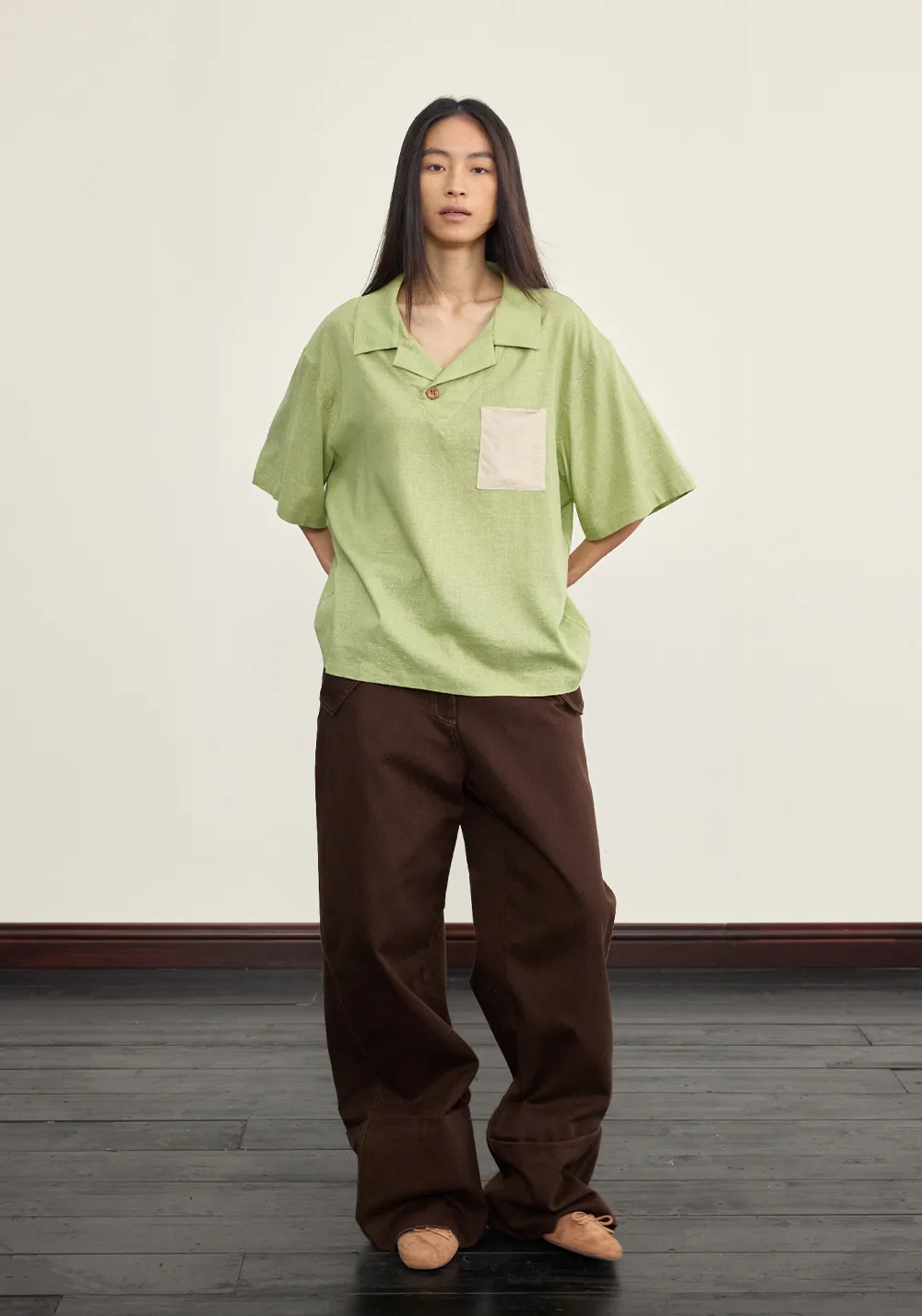NyDkyel丨Cuban Collar Linen Tee - Contrast Pocket-Green
