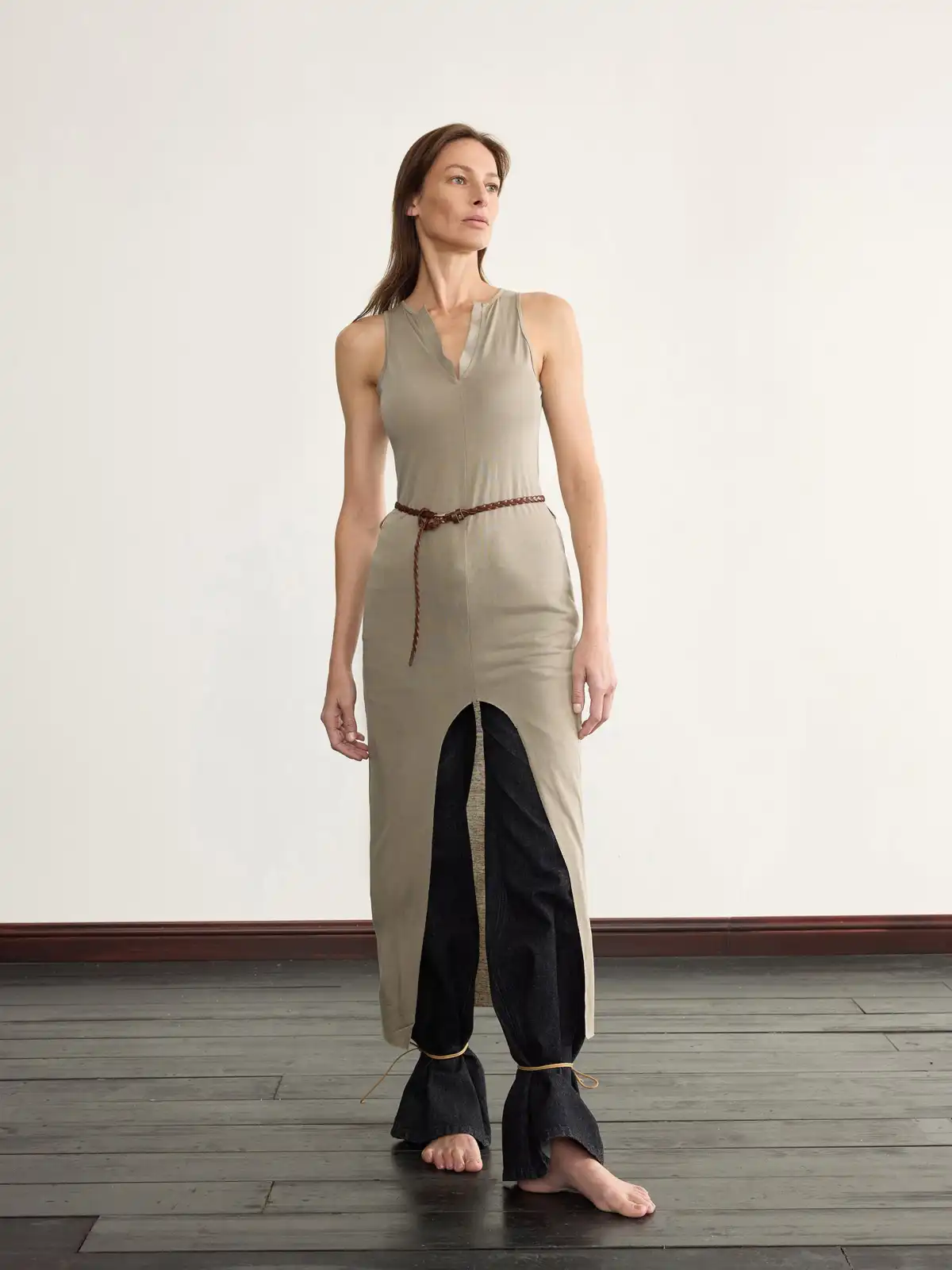 NyDkyel丨V-Neck Modal Maxi Dress with Belt - Side Slit-Gray