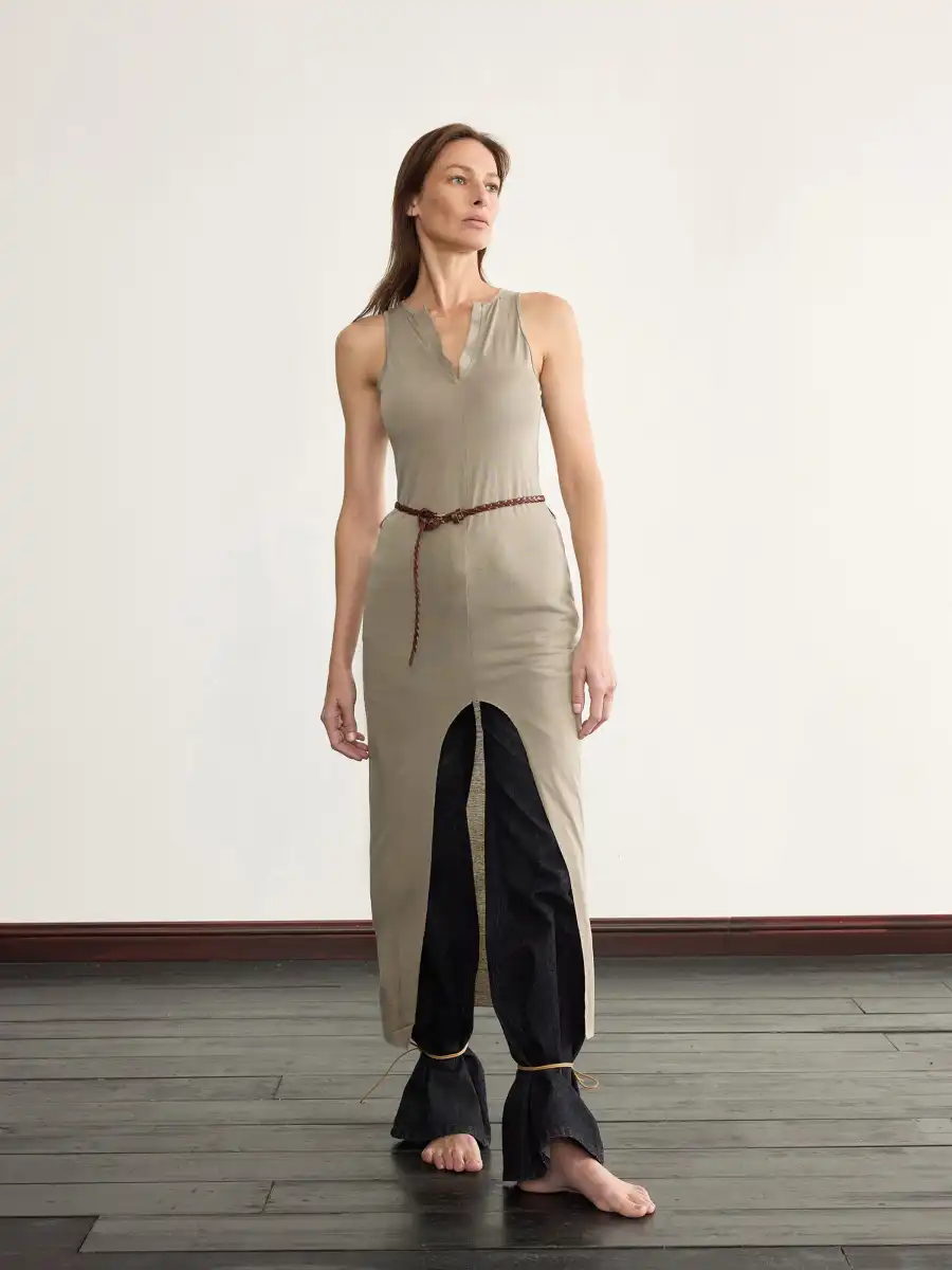 NyDkyel丨V-Neck Modal Maxi Dress with Belt - Side Slit-Gray - 2