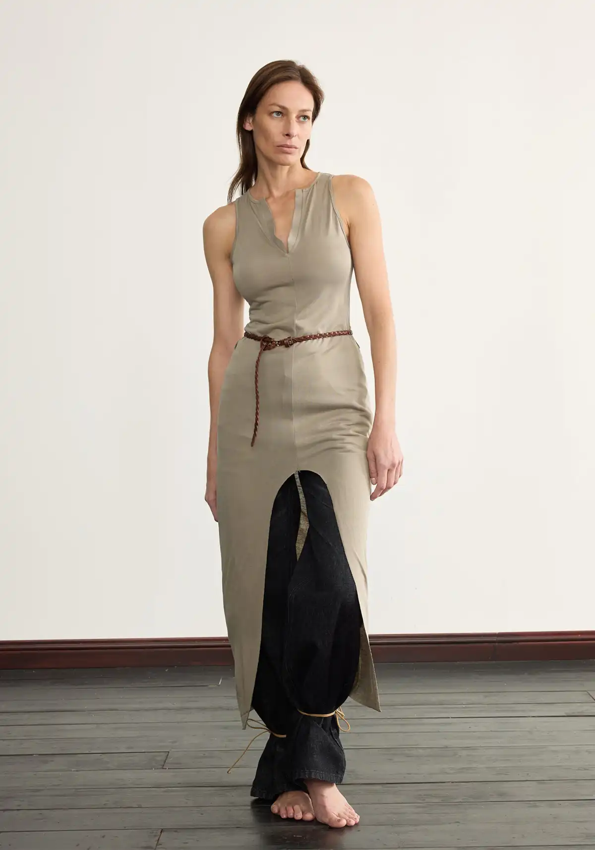 NyDkyel丨V-Neck Modal Maxi Dress with Belt - Side Slit-Gray