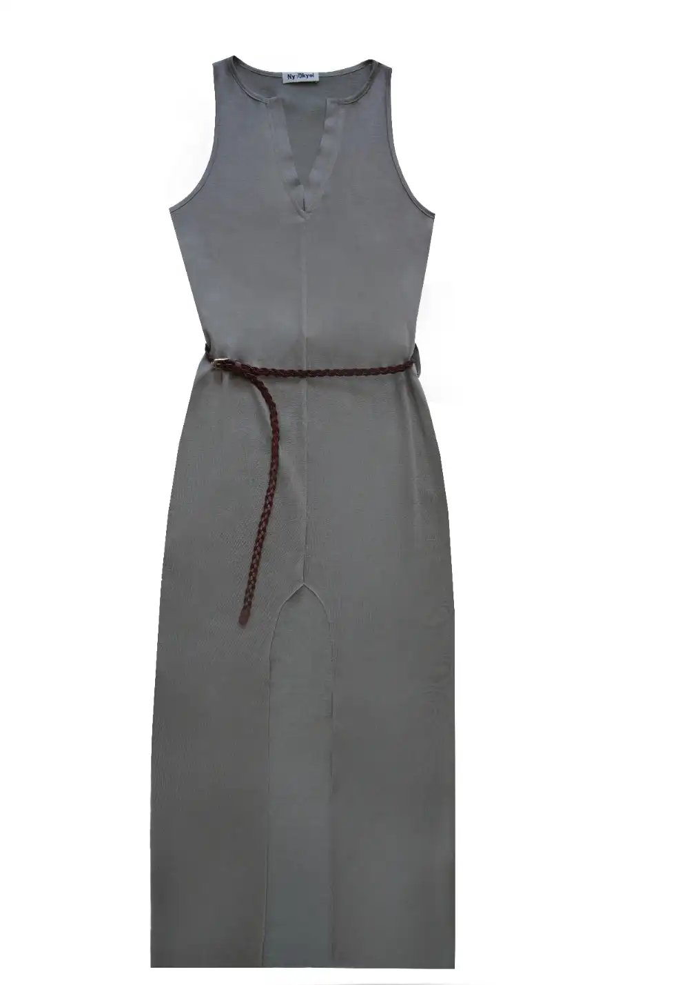NyDkyel丨V-Neck Modal Maxi Dress with Belt - Side Slit-Gray