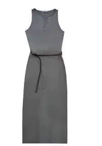 NyDkyel丨V-Neck Modal Maxi Dress with Belt - Side Slit-Gray