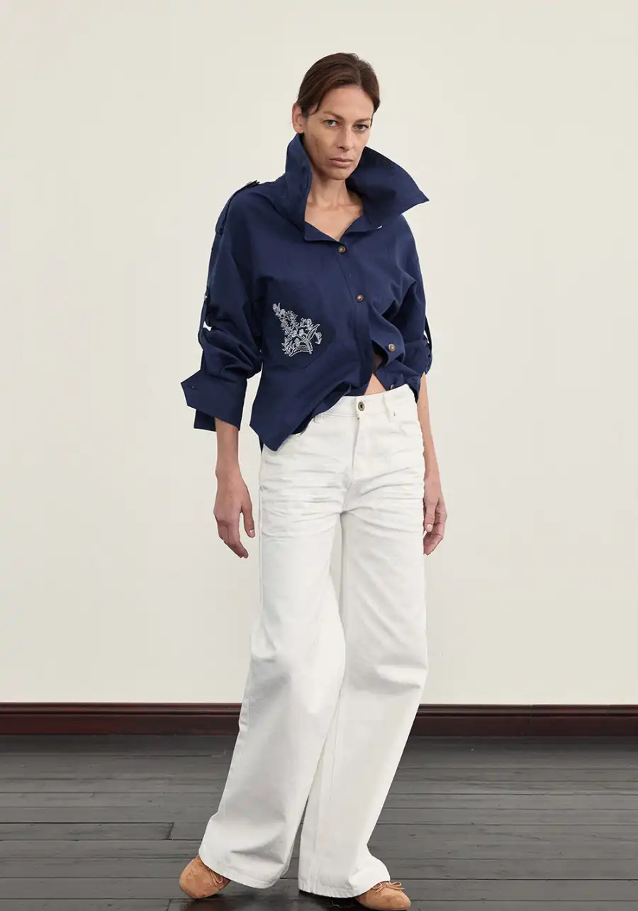NyDkyel丨Deconstructed Placket Linen Blend Shirt-Blue - 4