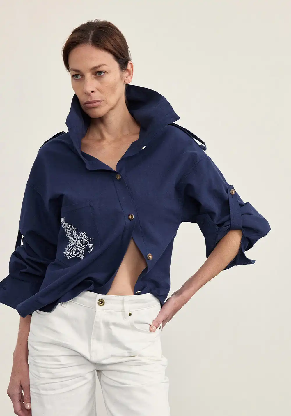 NyDkyel丨Deconstructed Placket Linen Blend Shirt-Blue