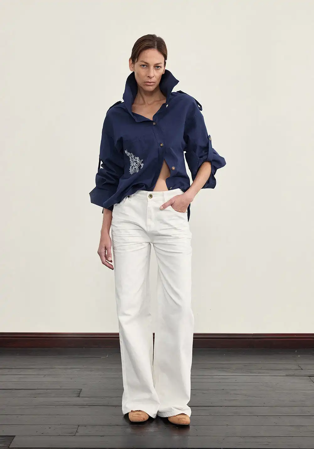 NyDkyel丨Deconstructed Placket Linen Blend Shirt-Blue