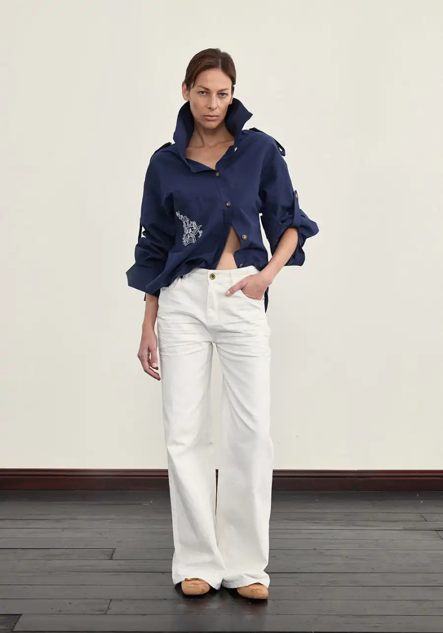 NyDkyel丨Deconstructed Placket Linen Blend Shirt-Blue - 2