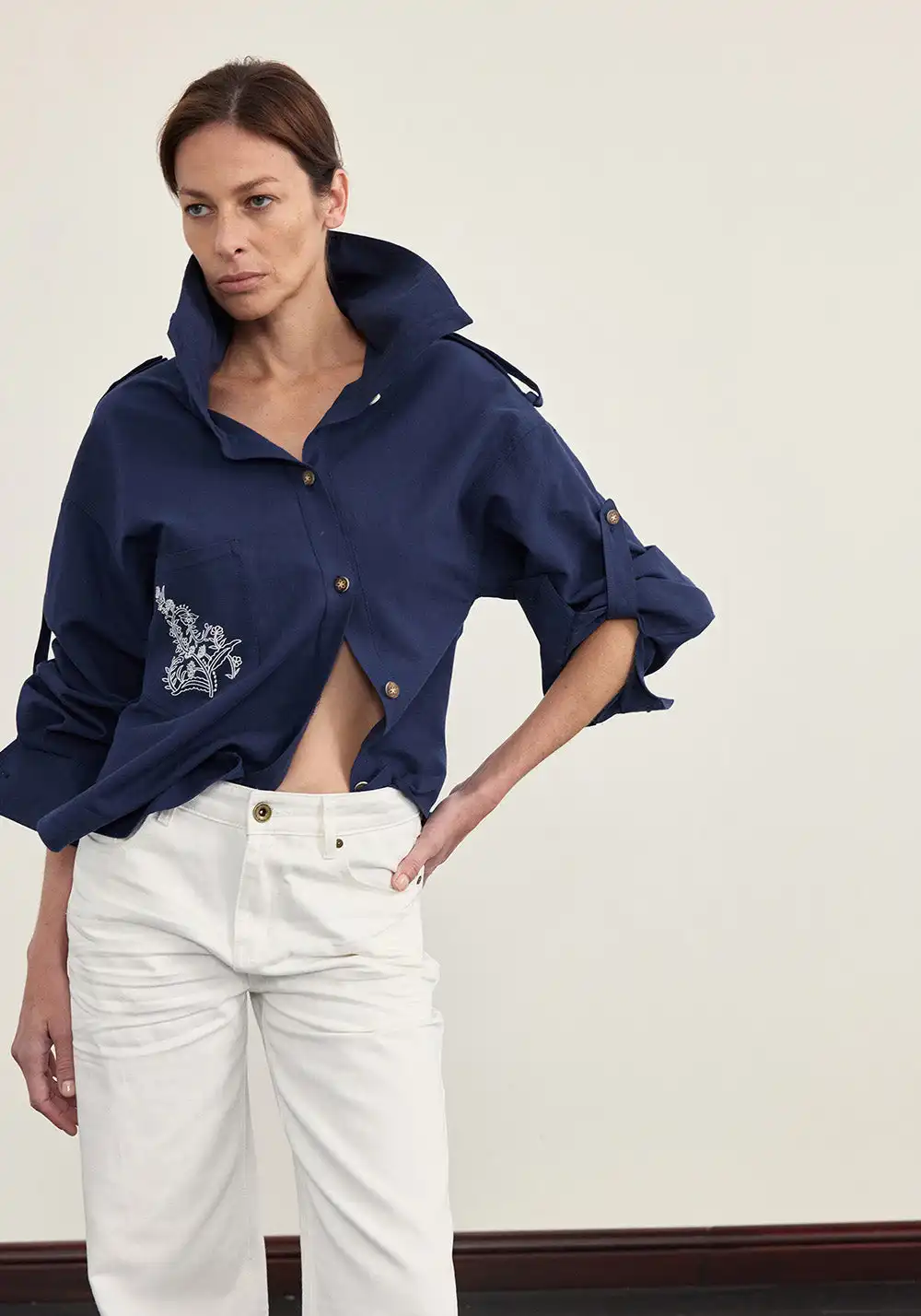 NyDkyel丨Deconstructed Placket Linen Blend Shirt-Blue