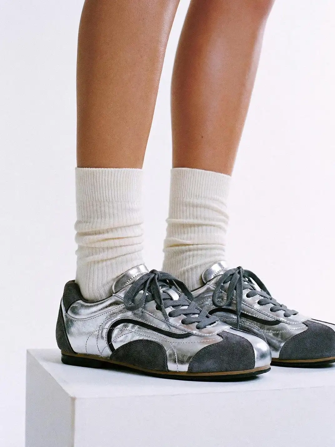 BellaLily丨Leather-Paneled Minimalist Training Shoes-White&Gray