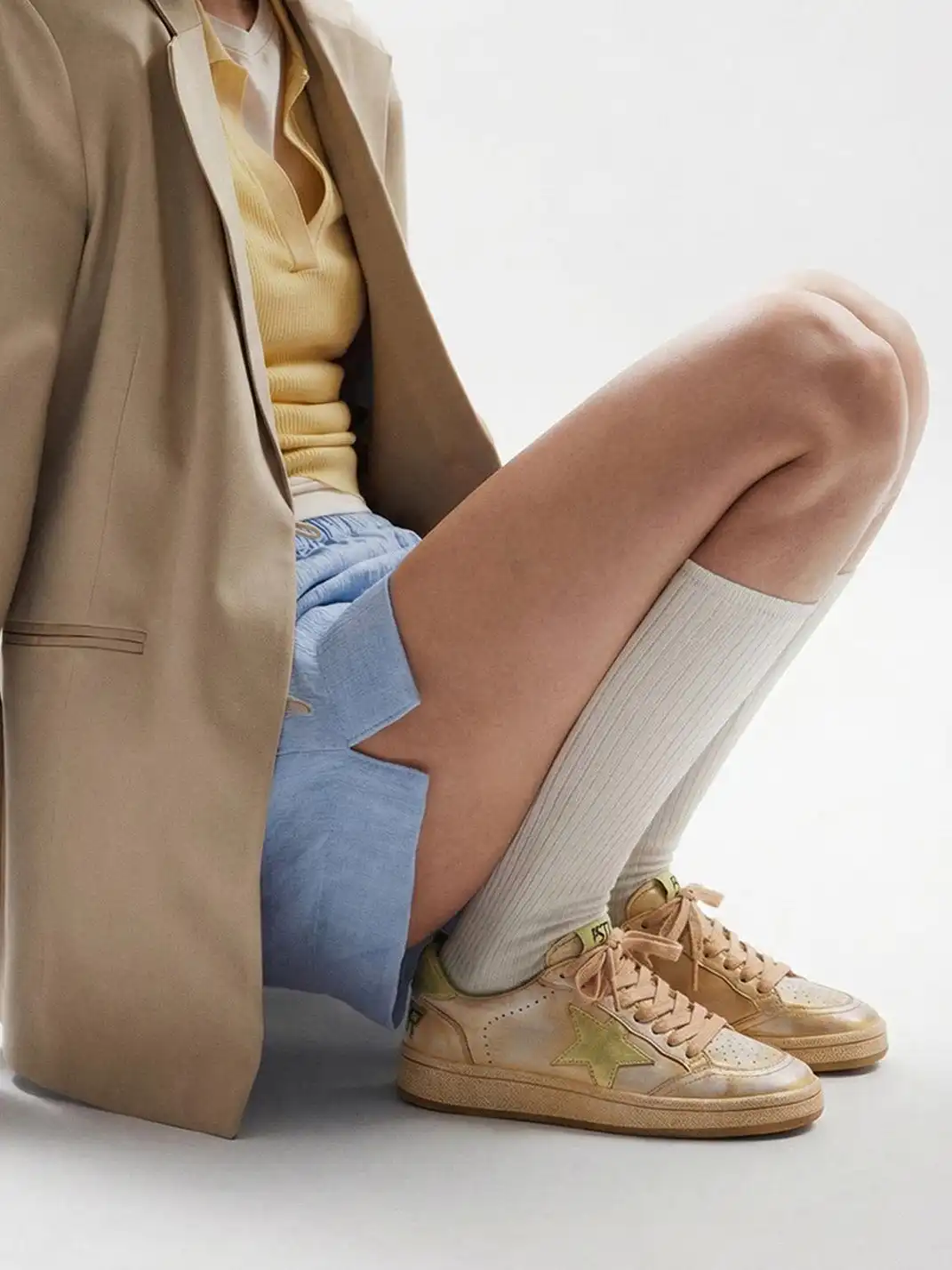 BellaLily丨Distressed Star-Embellished Dirty Sneakers-Yellow