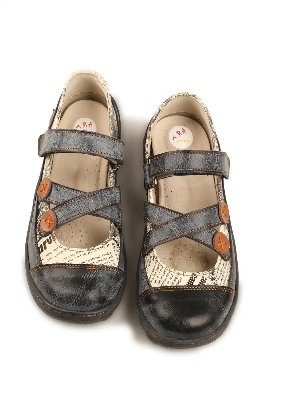 TMA EYES | Cross Strap Button Flat Leather Shoes