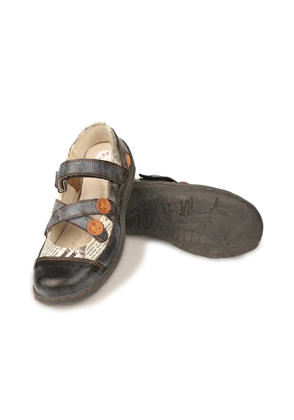 TMA EYES | Cross Strap Button Flat Leather Shoes