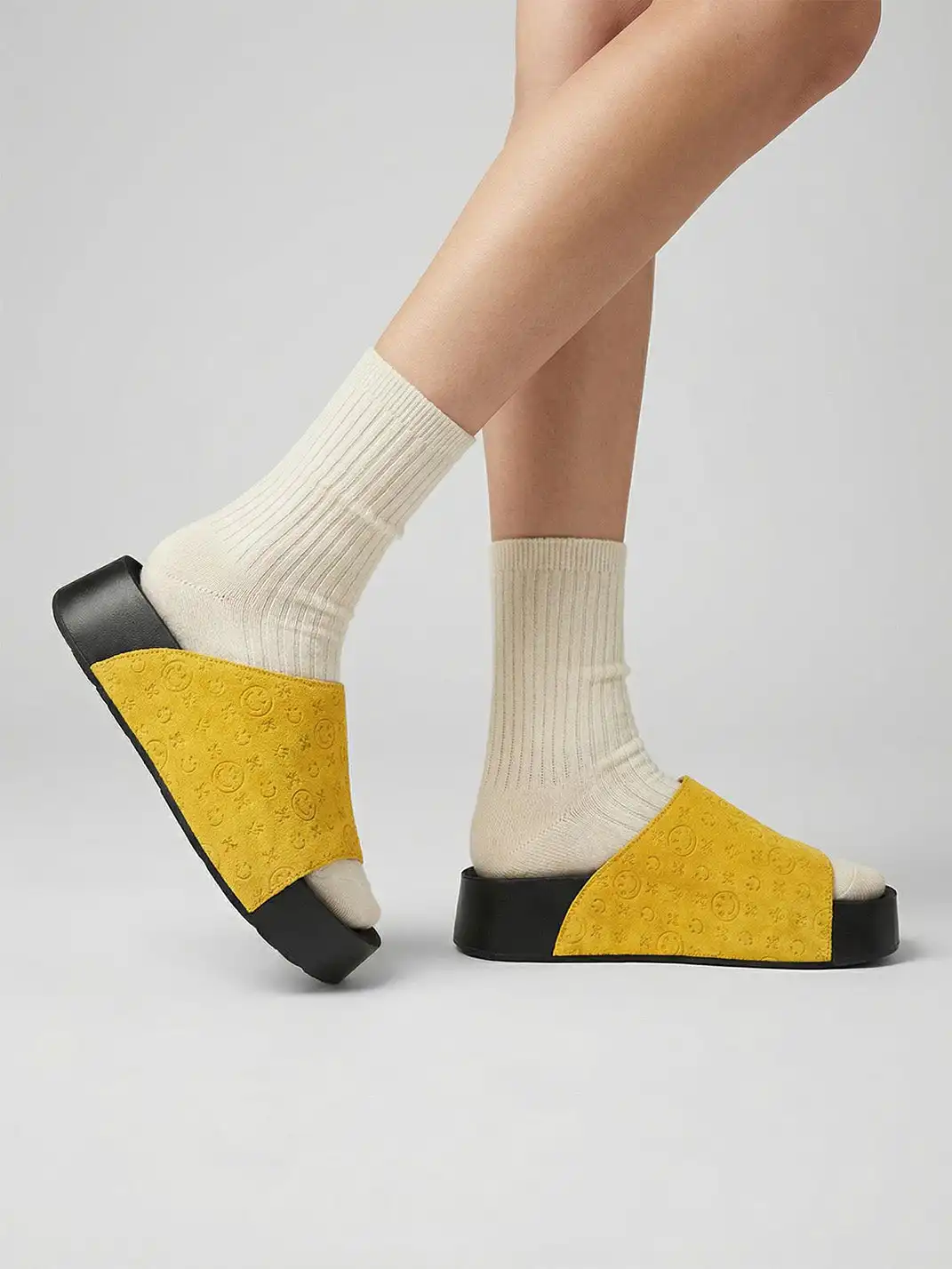SMILEY | Yellow Monogram Platform Slide Sandals