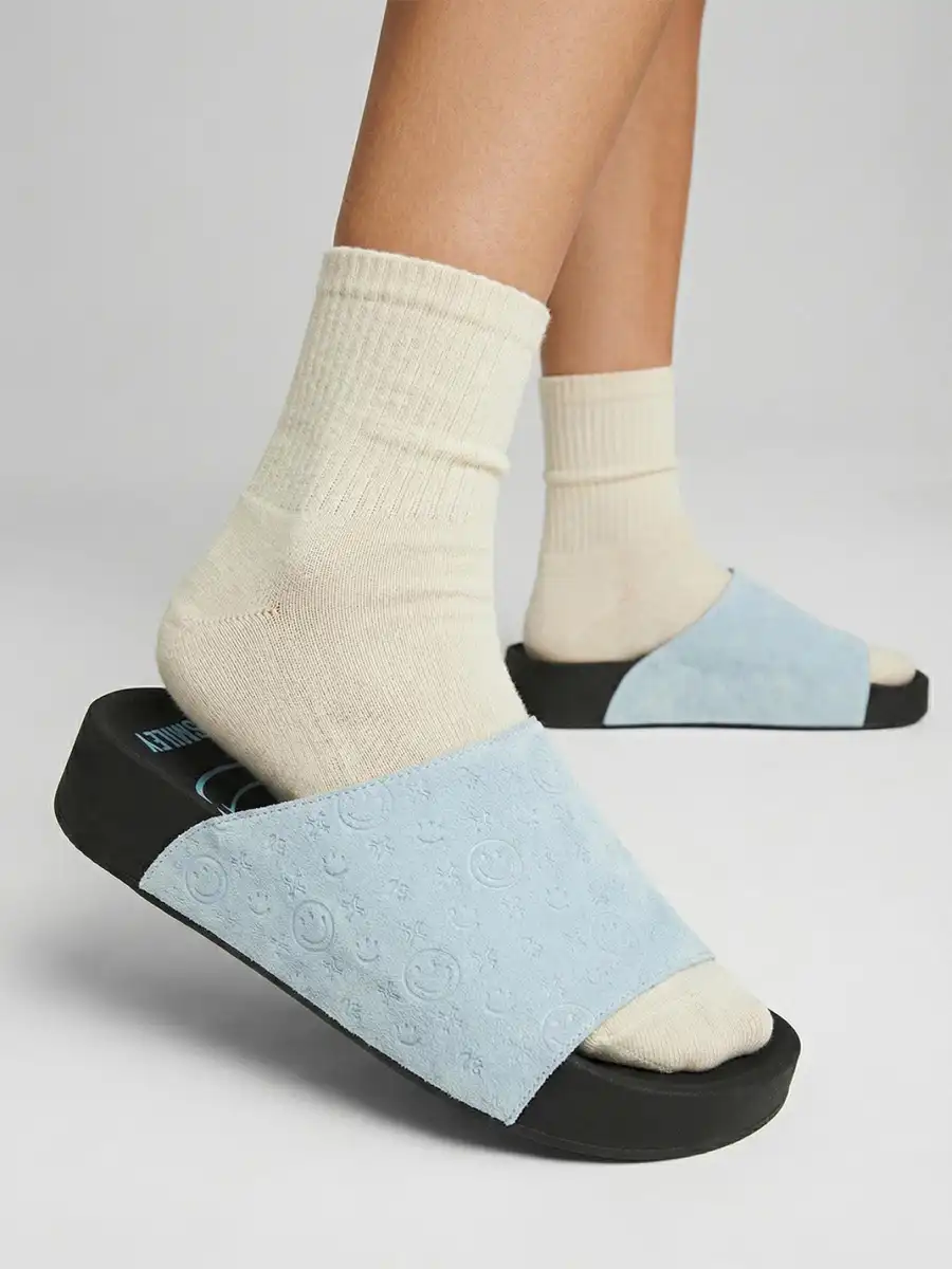 SMILEY | Blue Monogram Platform Slide Sandals - 3