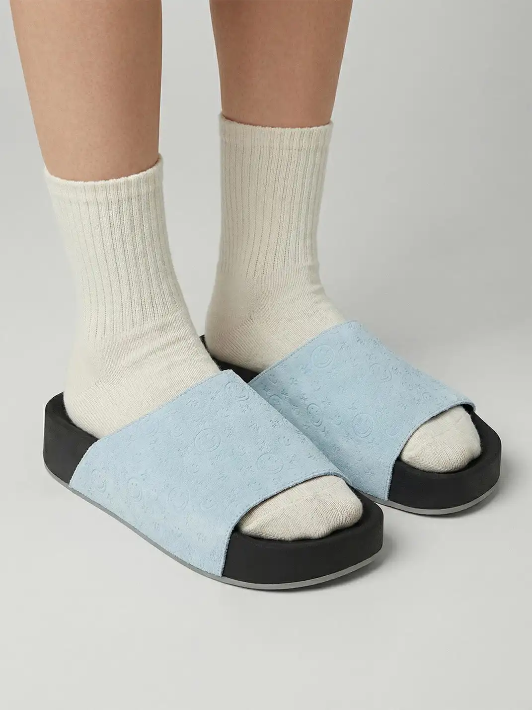 SMILEY | Blue Monogram Platform Slide Sandals