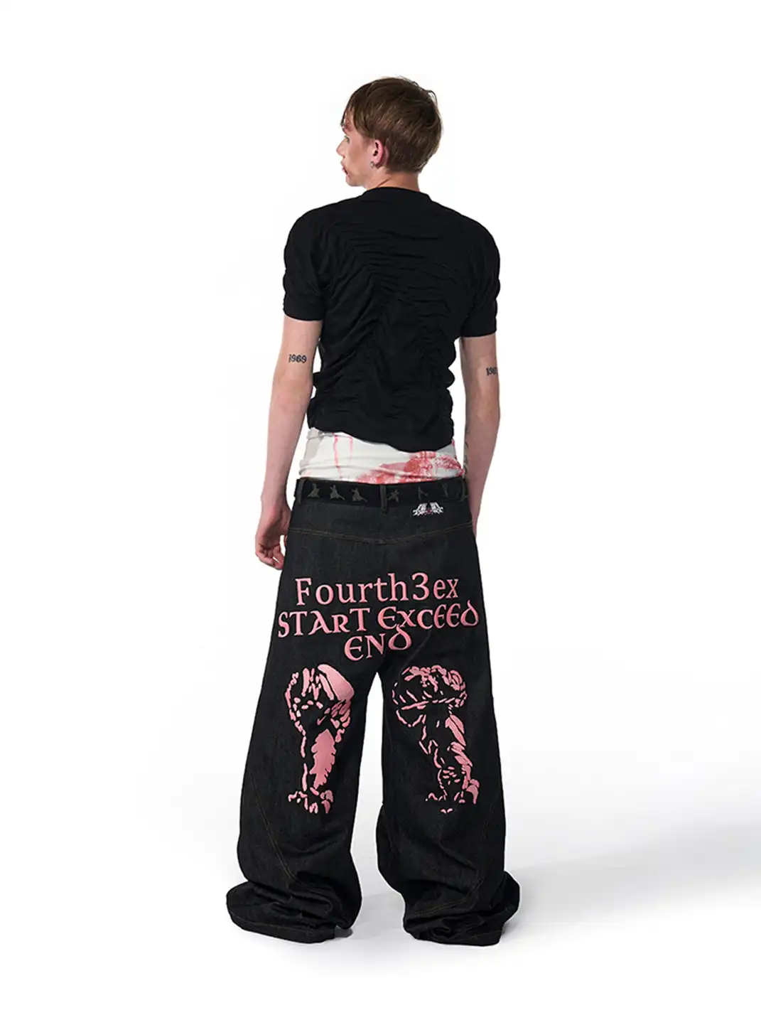 Fourth3ex | Black Red Print Pleated T-Shirt