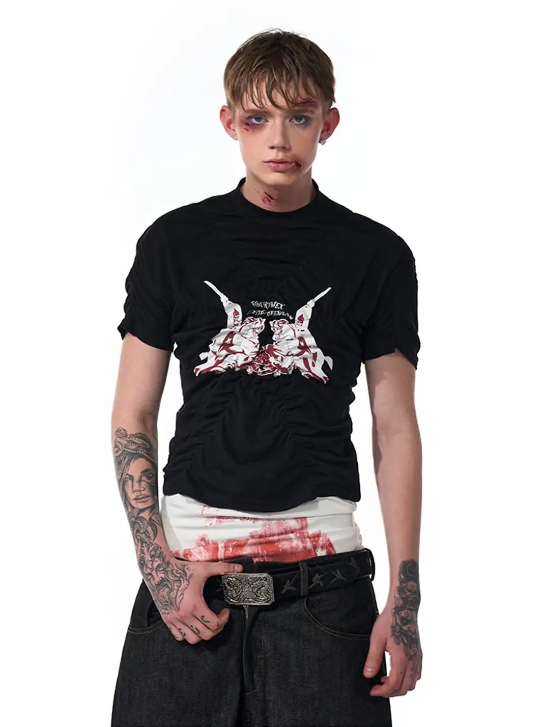 Fourth3ex | Black Red Print Pleated T-Shirt