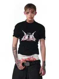 Fourth3ex | Black Red Print Pleated T-Shirt