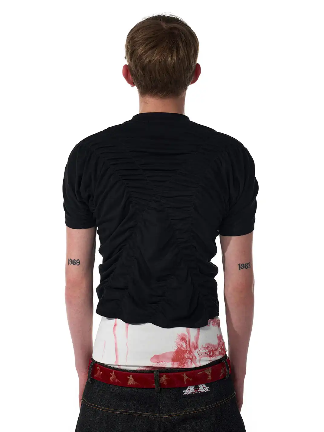 Fourth3ex | Black Red Print Pleated T-Shirt