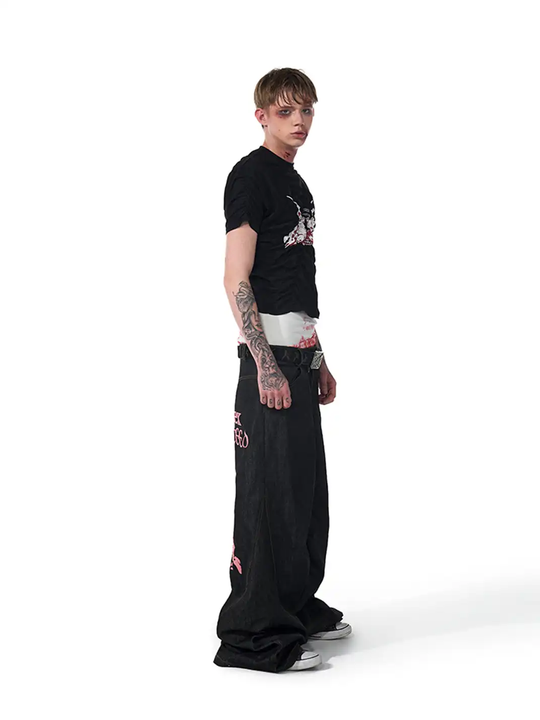 Fourth3ex | Black Red Print Pleated T-Shirt